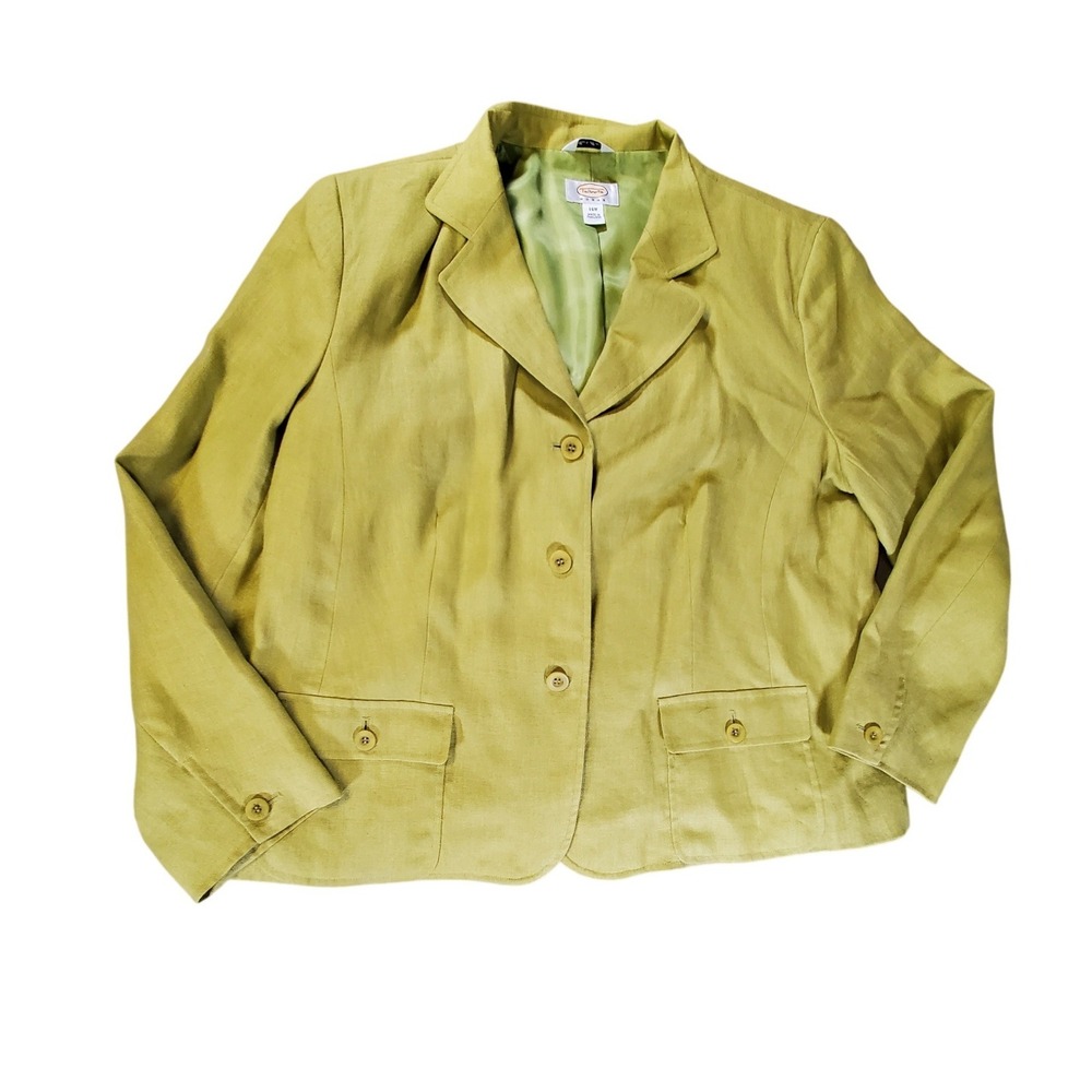 Talbots Woman Irish Linen Blazer Chartreuse Green 3 Button Jacket 14W Plus Size